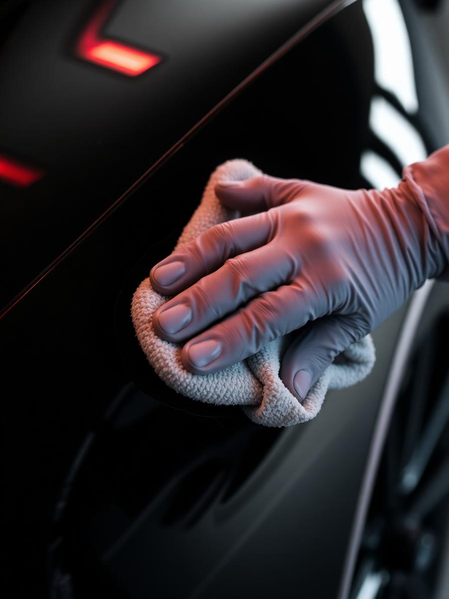 Detailing a black car with microfiber cloth