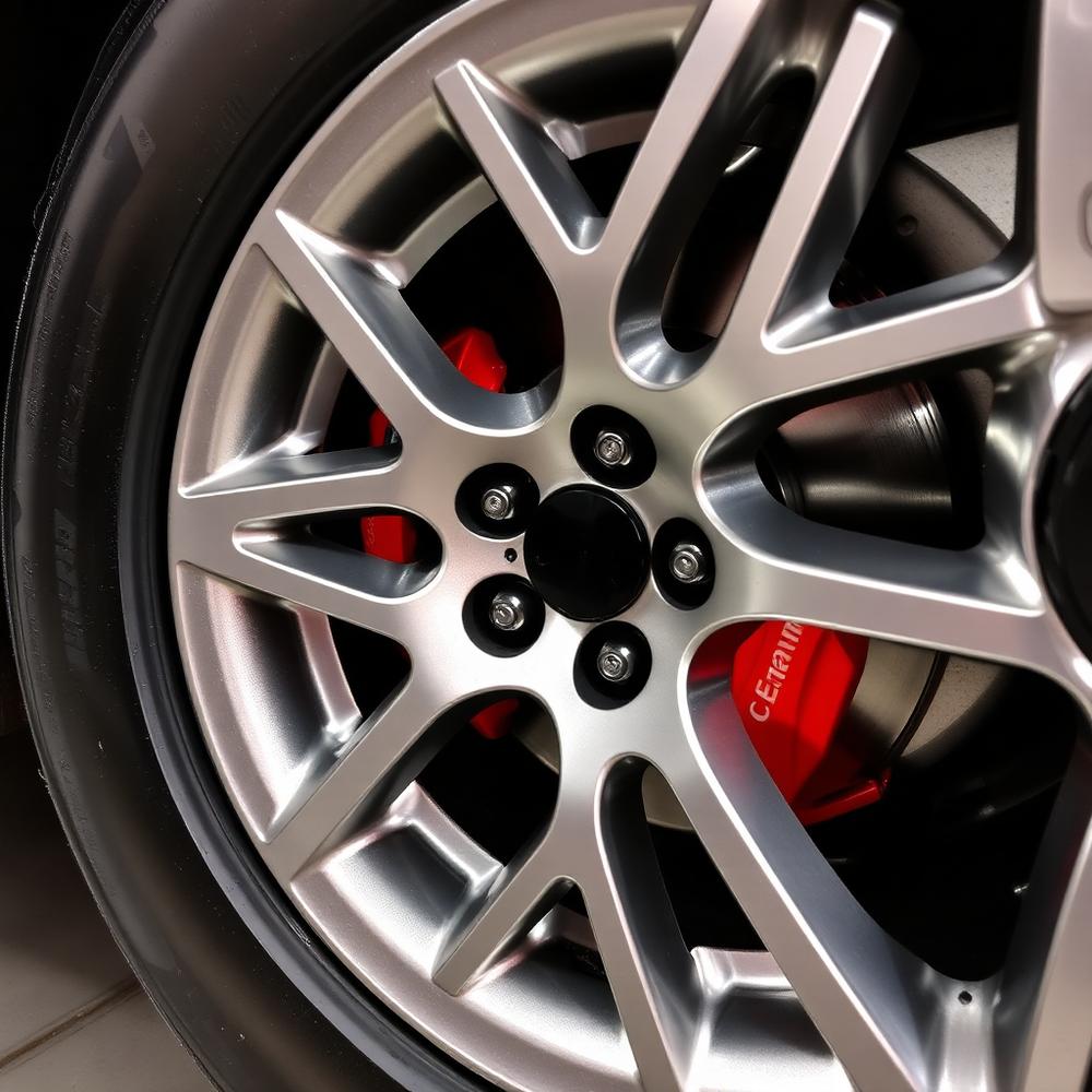 Detailed alloy wheel and red caliper